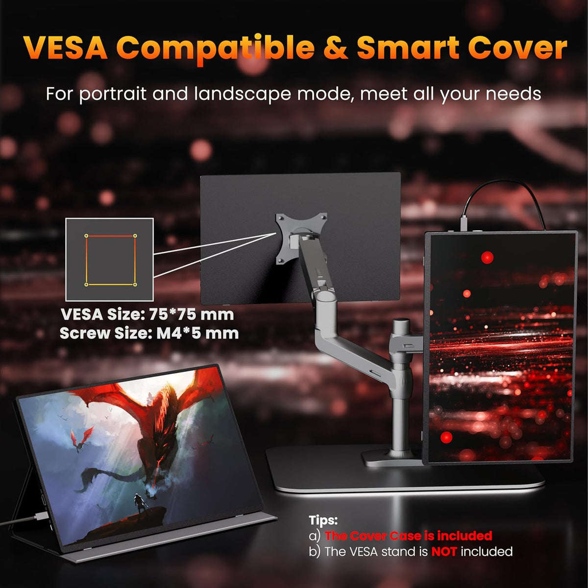 Portable Gaming Monitor 16 Inch QHD 2.5K 2560X1600 16:10 120 Hz Free-Sync 100% sRGB 10 Bit 400 Nits Travel Screen for MacBook, Laptop, PC, Game Consoles, VESA Compatible, with Cover