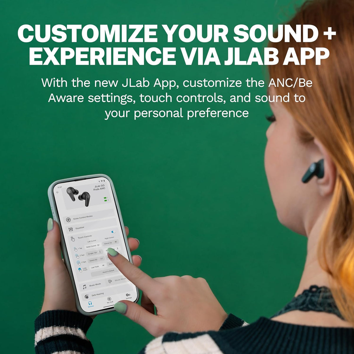 JLab Go Pods ANC True Wireless Bluetooth Earbuds & Charging Case, Hybrid Active Noise canceling + Be Aware for Safe Listening, 26+ Hours Total Playtime, Clear Calls, Custom Sound via App, Sage