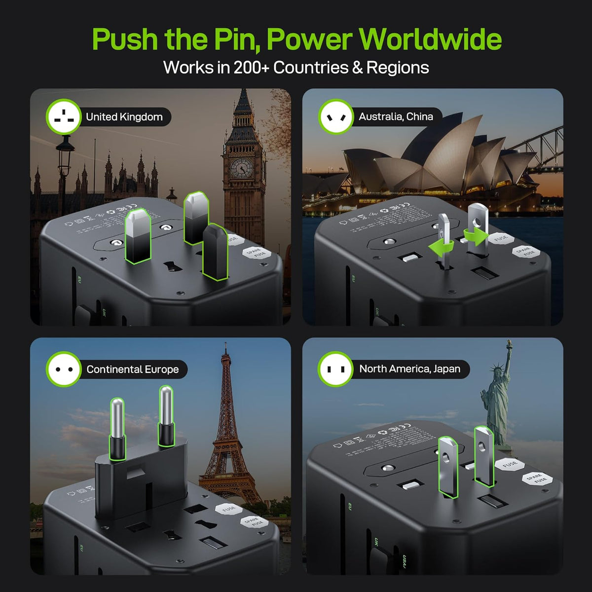 EPICKA Pulse 45W European Travel Plug Adapter, Universal Power Adapter with PD Fast Charging, 5-Port (1 AC/2 USB-A/2 USB-C) International Charger Adapter for Europe, Japan - Travel Essentials (Black)