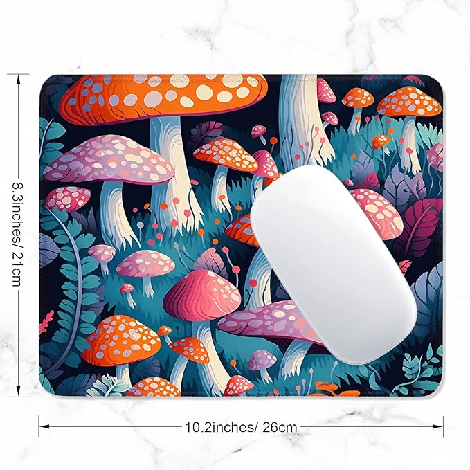 ITNRSIIET Mouse Pad with Stitched Edge Premium Textured Smooth Precise Operation Waterproof Washable Non-Slip Rubber Base Desktop Protection Mat, 10.2×8.3×0.12 inches, Pretty Mushroom
