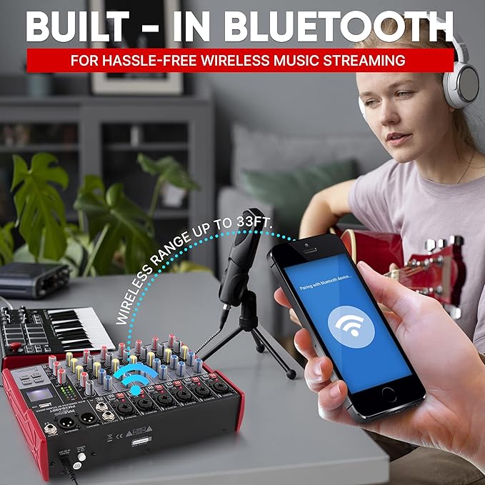 Pyle Professional Wireless DJ Audio Mixer - 8-Channel Bluetooth Compatible DJ Controller Sound Mixer w/USB Port, 6 Mic/Line Input, ¼” Mono/Stereo Input, Headphone Jack, +48V Phantom Power - PMX848BT