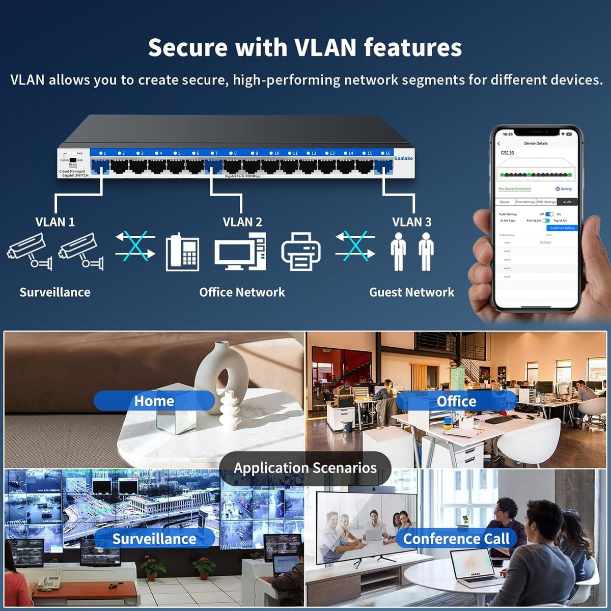 16 Port Gigabit Switch, Easy Smart Managed Ethernet Switch, Network Hub, Ethernet Splitter, Plug & Play, Fanless Metal Design, VLAN, Qos, Desktop or Wall Mount