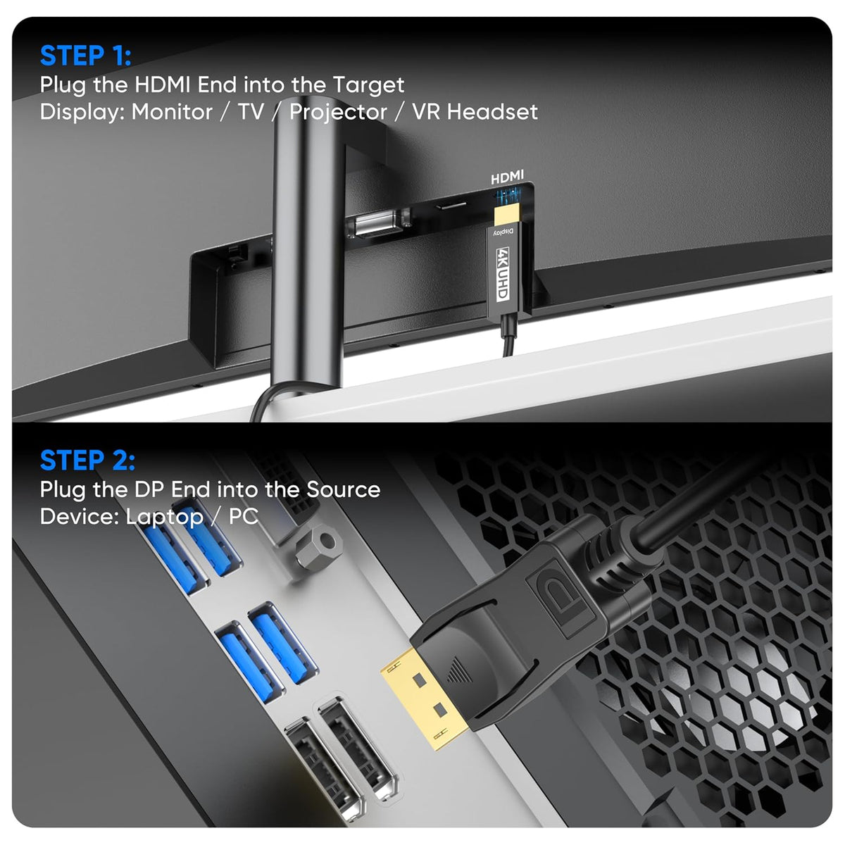 4K 6ft: 2-Pack 4K@30HZ 2K@120HZ 1080P Displayport to HDMI Cable Uni-Directional DP to HDMI Cord HDR - Gold-Plated Male