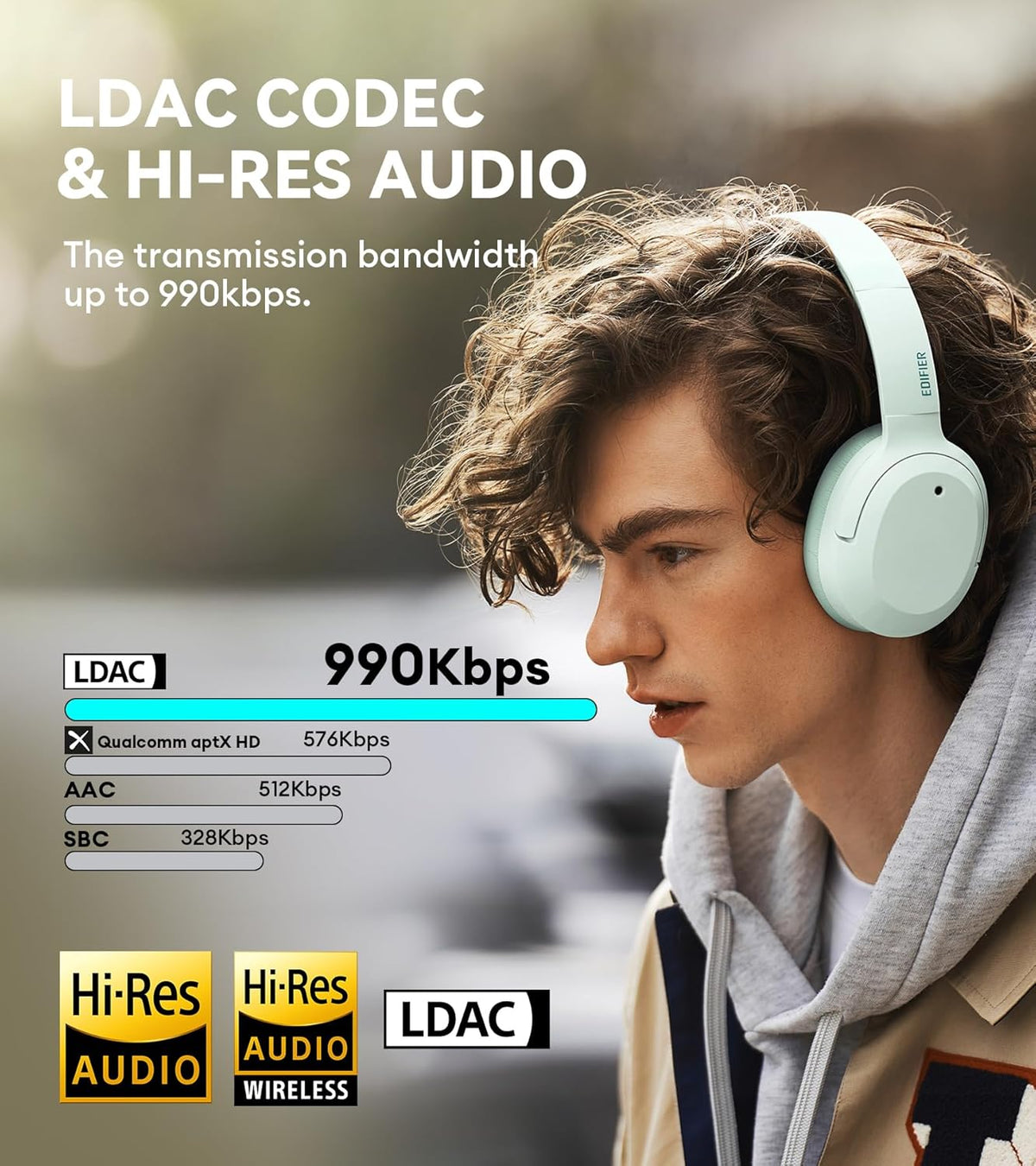 Edifier W820NB Plus Hybrid Active Noise Cancelling Headphones - LDAC Codec - Hi-Res Audio Wireless & Wired - Fast Charge - 49H Playtime - Over Ear Bluetooth V5.2 Headphones- Green