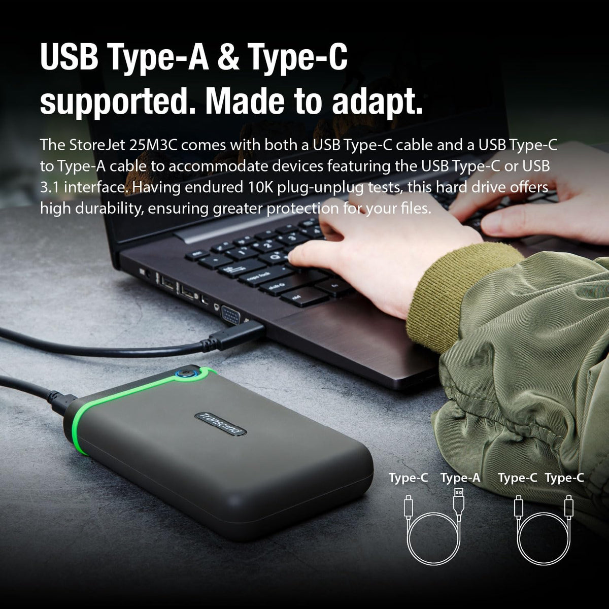 Transcend 2TB SJ25M3C, USB 3.1 Portable Hard Drive Rugged, Anti-Shock Resistant, Compact and Lightweight with Lightning-Fast Speeds, One Touch Backup Button, Type C, Iron Grey - TS2TSJ25M3C