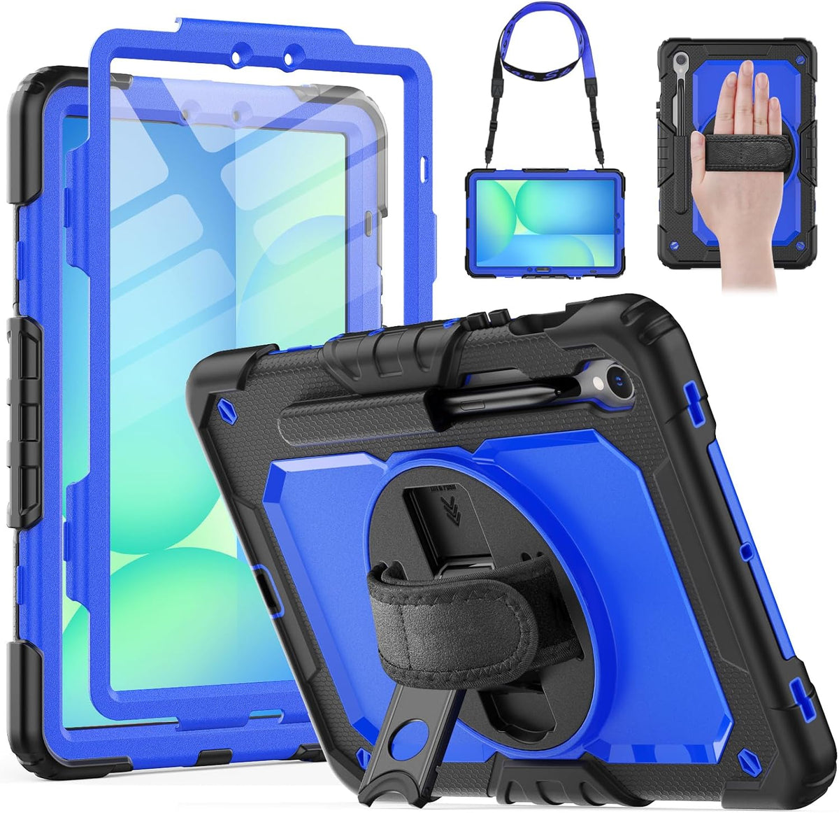 HXCASEAC Case for Galaxy Tab S10 FE / S9 FE 5G 10.9 inch, Shockproof Design with Screen Protector, 360° Hand Strap Stand, S Pen Holder, Heavy Duty Protective Samsung S9 FE / S10 FE Tablet Case, Blue