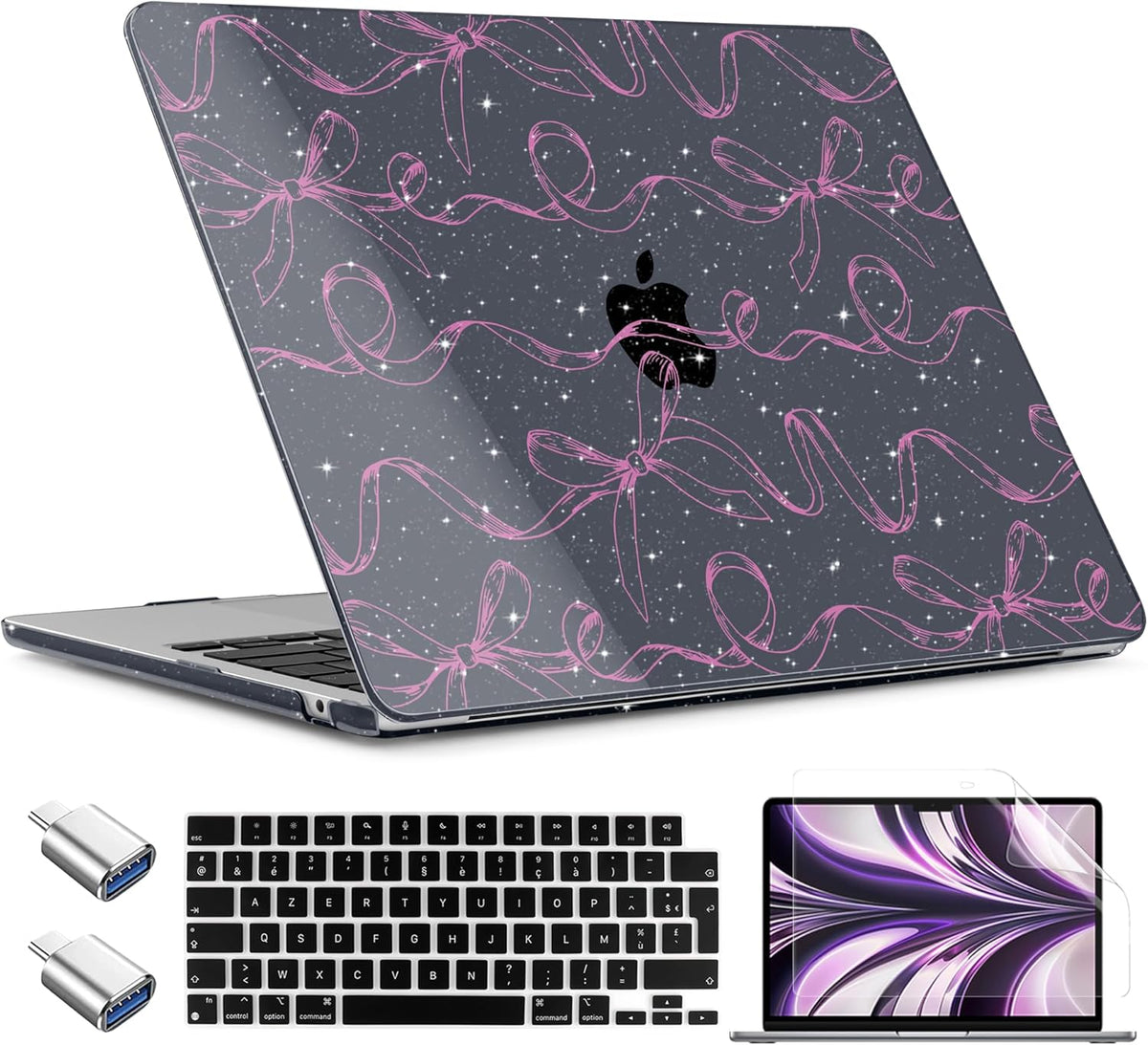 TWOLSKOO Compatible with M4 MacBook Air 13.6 inch Case 2025-2022 Release M4 A3240 M3 A3113 M2 A2681, Plastic Hard Shell & Keyboard Cover & Type C Adapter & Screen Protector, Sparkly Bows