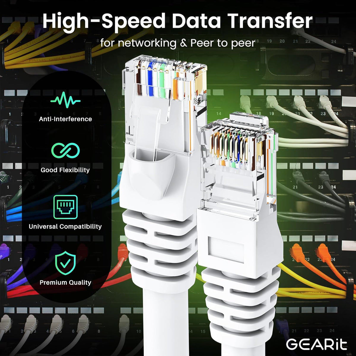 GEARit Cat 6 Ethernet Cable (10-Pack 25 Feet) Cat6 Network Patch, 10Gbps, RJ45, Snagless Cord, Gold-Plated Connectors, Internet for PC, TV, Tablet, Router, Printer, Servers, IT Data Center - White