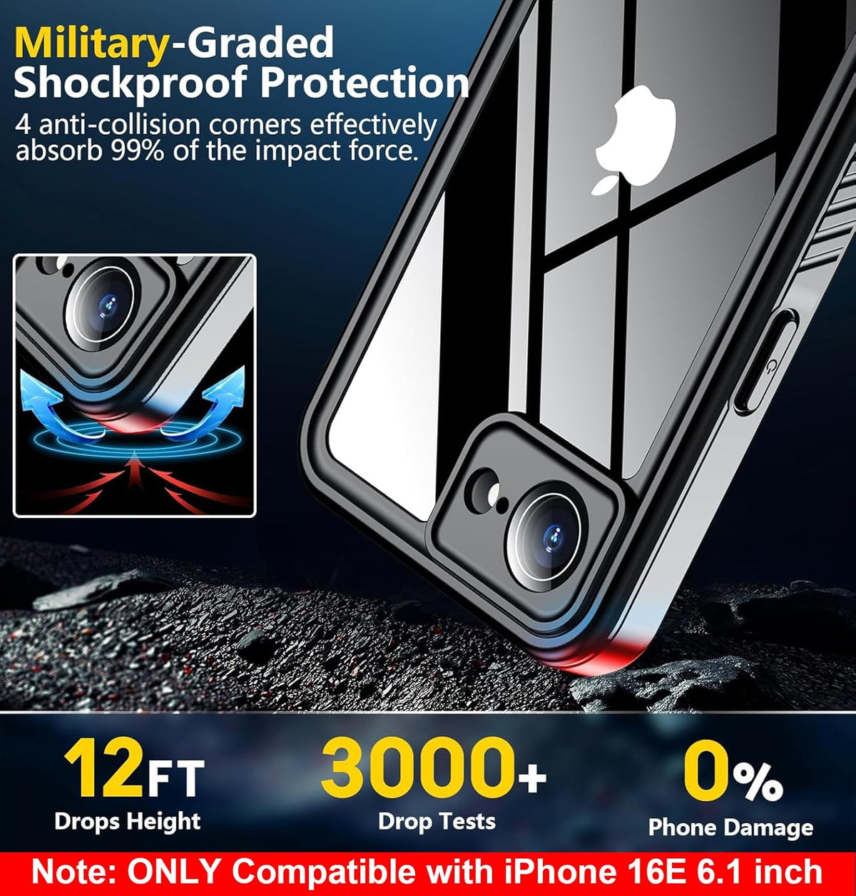 SPIDERCASE for iPhone 16e Case Waterproof,Built-in Screen & Camera Lens Protector[IP68 Underwater] Full Body Protection Phone Case for iPhone 16e 6.1'', Black/Clear