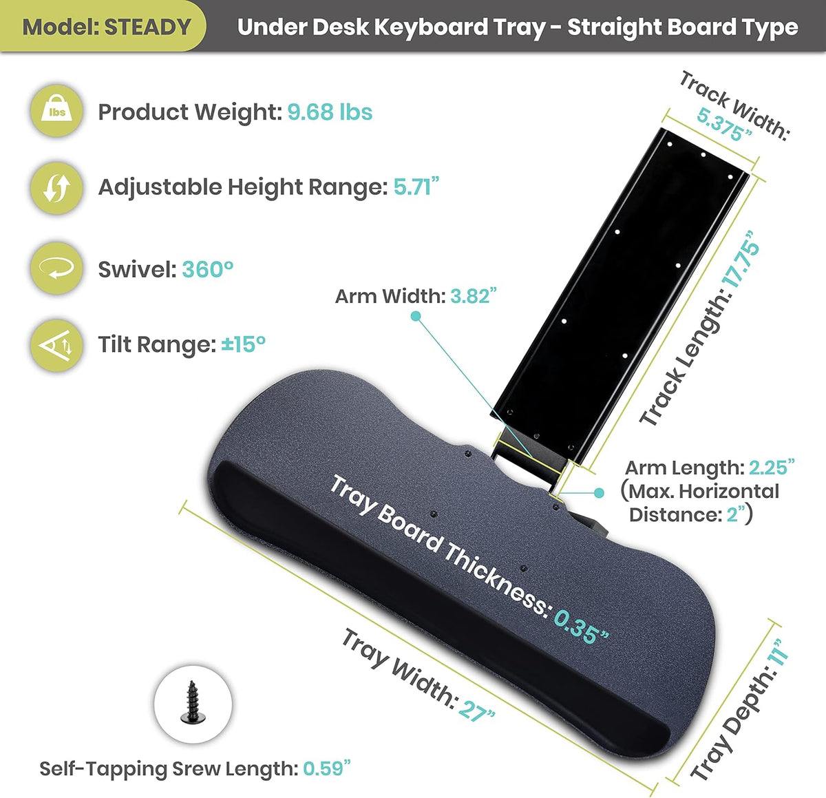Under Desk Keyboard Tray, 27" x 11" Tray, 17.75" Track, One Knob Control, Undermount Sliding Computer Keyboard with Wrist Rest, Adjustable Height and ±15° Tilt