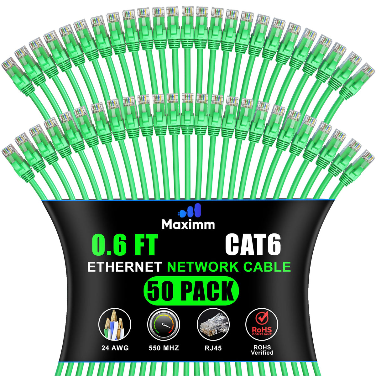 Maximm Cat 6 Ethernet Cable 0.6 Ft, (50-Pack) Cat6 Cable, LAN Internet and Network - UTP (Green) 0.6 Foot