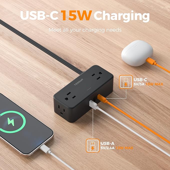 TESSAN Extension Cord 5 FT, Power Strip with 900J Surge Protection, Black