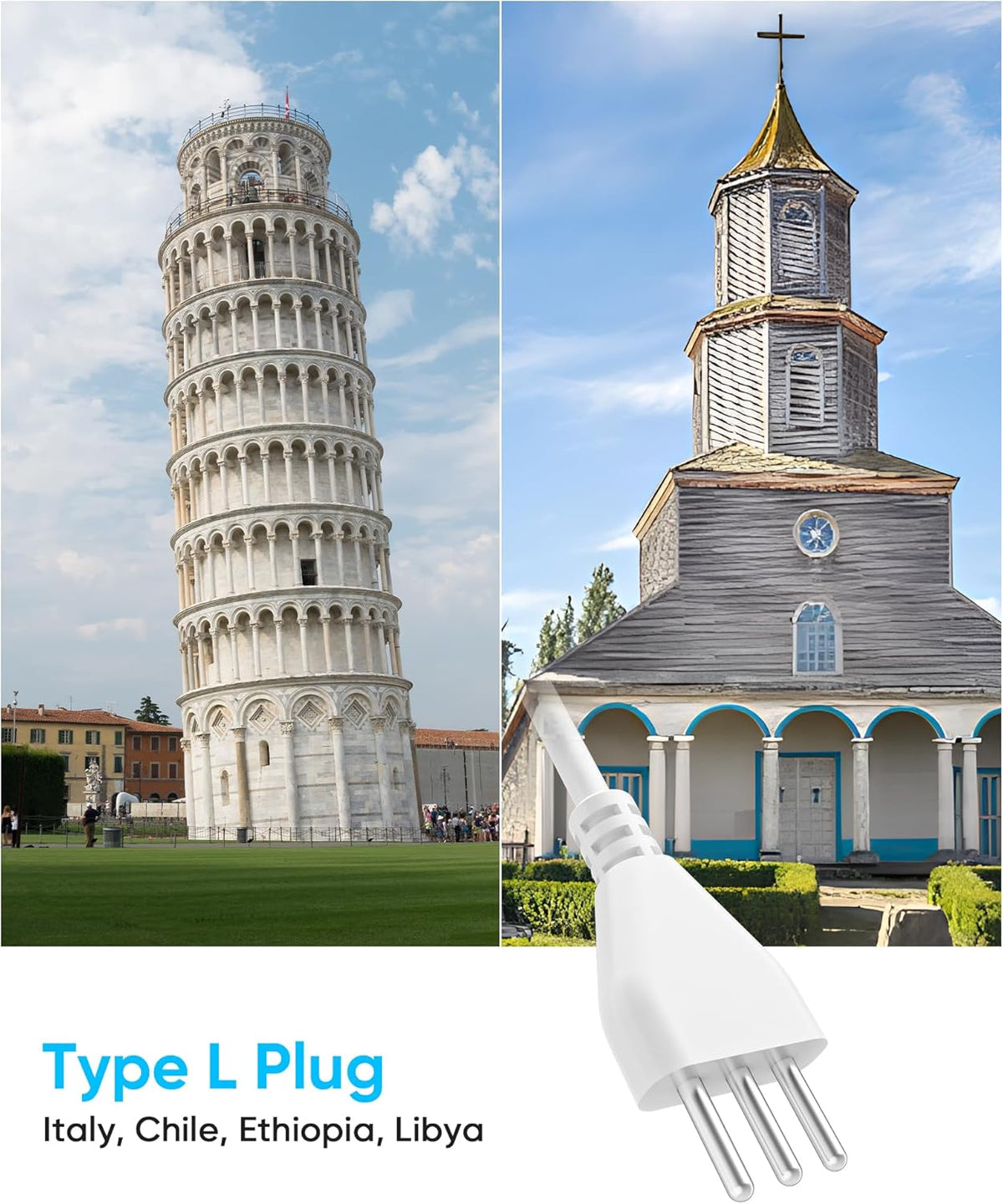 Italy Travel Plug Adapter, Olcorife US to Italy Type L Plug Adapter, International Power Strip with 8 Outlets and 4 USB(1 USB-C), 5 FT Cord for Italy Chile Ethiopia Libya
