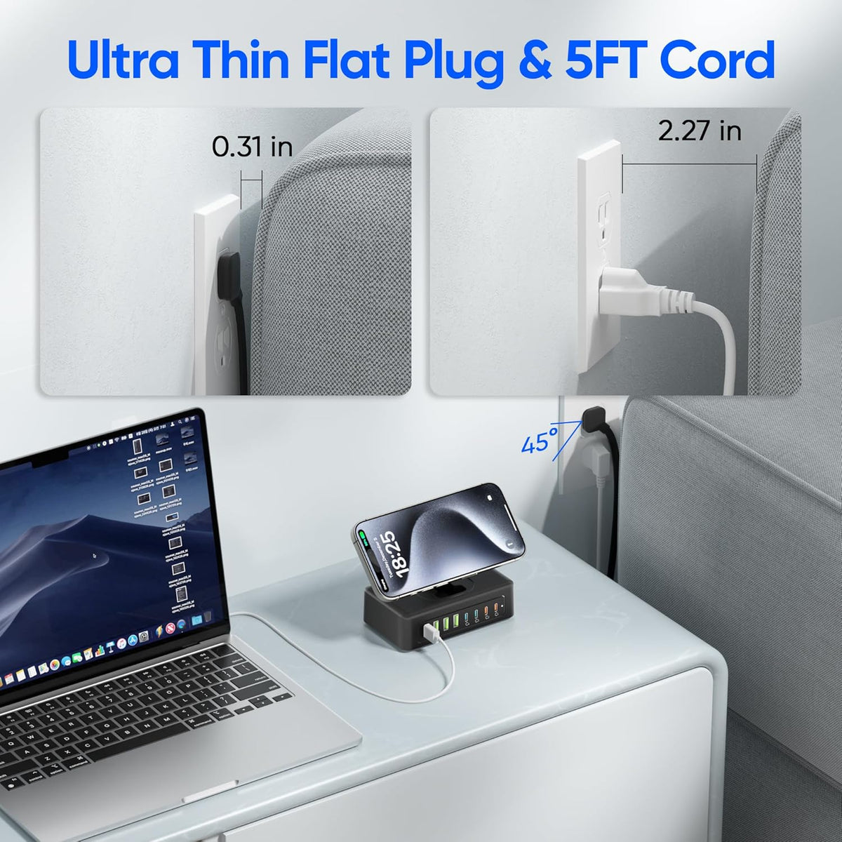 160W USB Charging Station Power Strip, 11-in-1 USB C Charger Block, 2AC Outlets with 8USB Ports(4USB-C), 5FT Flat Plug Extension Cord, Fast Charging Desktop Charger for Home Office Dorm Room, Black