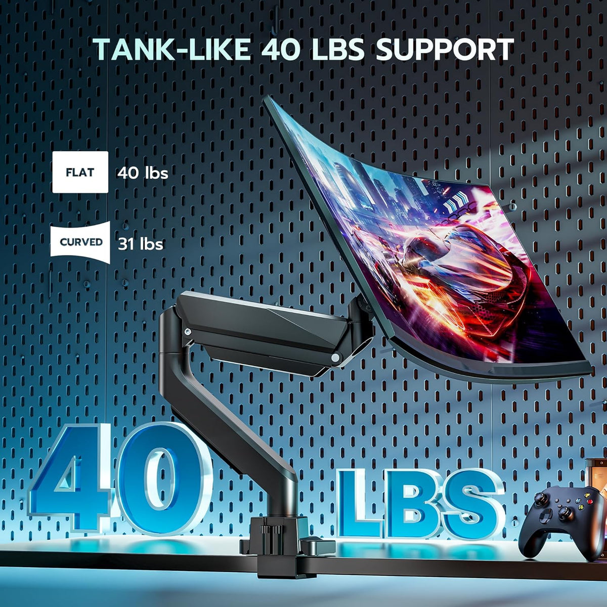 ARES WING Single Monitor Arm, Heavy Duty Adjustable Monitor Arm for 13"-45" Screens with USB, Gas Spring Desk Mount Stand with C Clamp/Grommet Mounting Base up to 40lbs Computer, Black