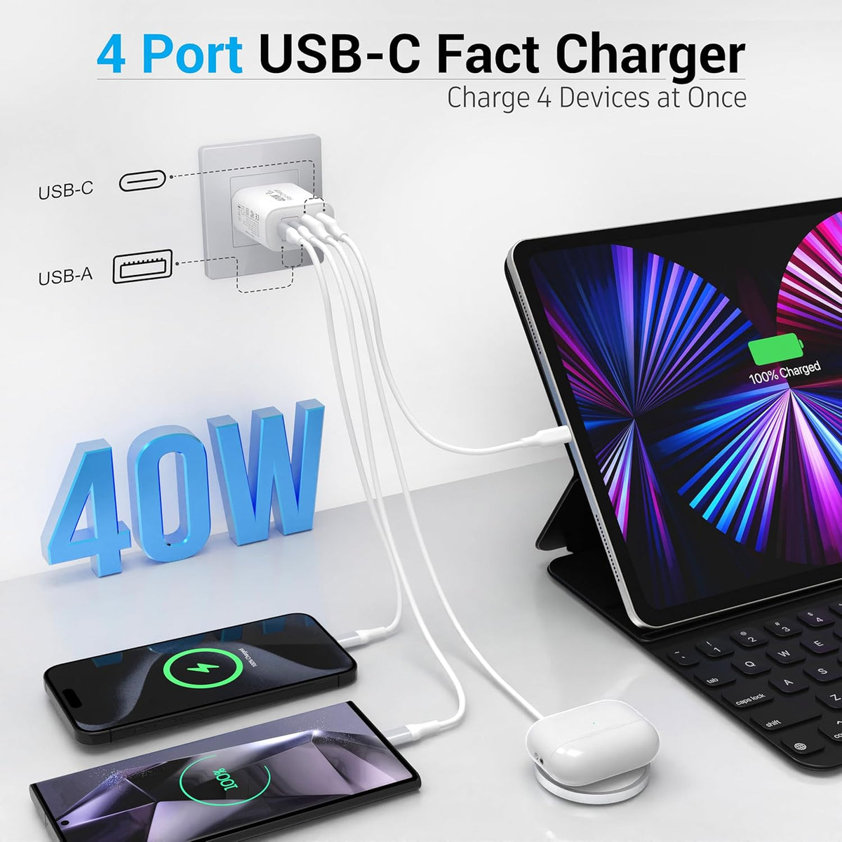 TT&C USB C Block 40W, 4 Ports Wall Plug Fast Charging Block, PD+QC Multiport Power Adapter USB C Charger Type C for iPhone 16,15,14,13,12,11, Pro Max, X, Xr, Xs, 8, Watch, Galaxy Phones (White 2Pack)