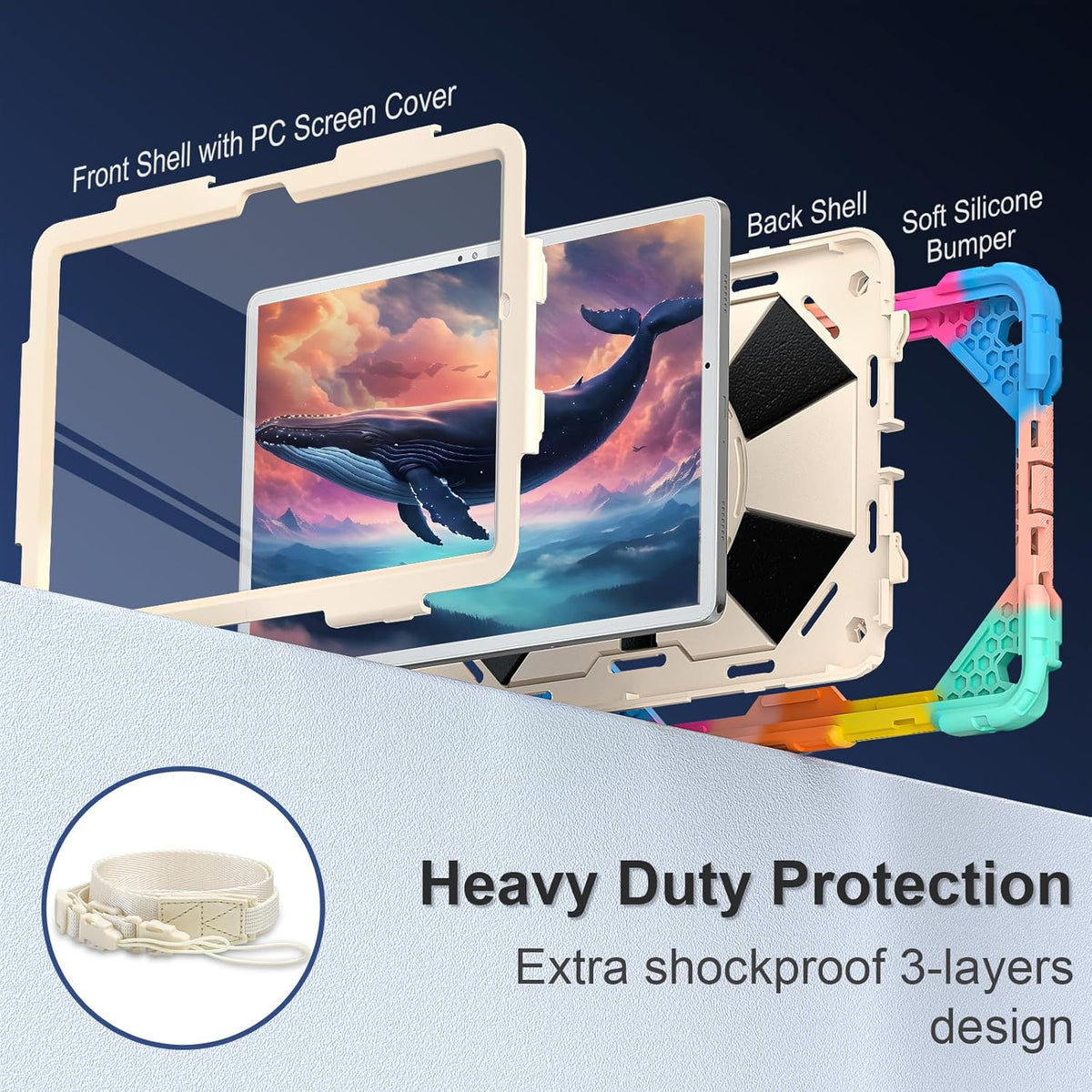 for Galaxy Tab A9 Plus Case 11 Inch, Rugged Case for Samsung Galaxy A9+ Tablet with Screen Protector 360 Rotating Stand Shoulder Strap Pen Holder, 2023 Model(SM-X210/X216/218), Rainbow