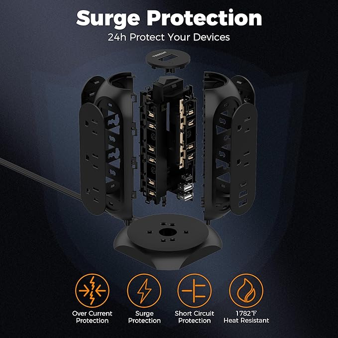 TESSAN Tower Power Strip Flat Plug with 1050J Surge Protection, 6 Ft, Black