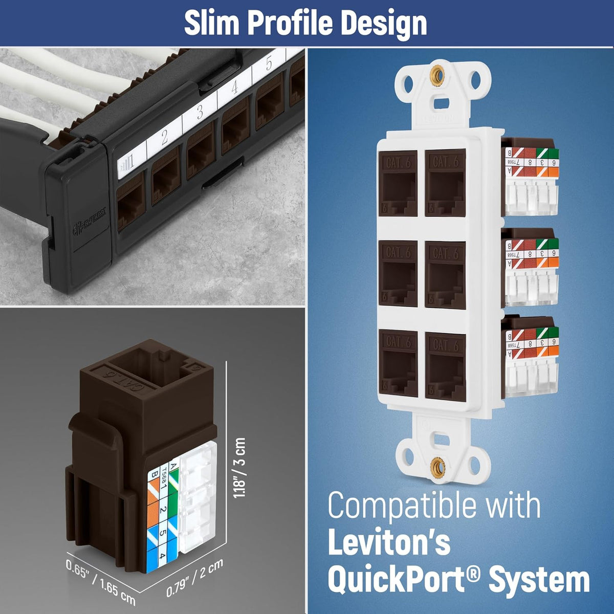 Everest 90° Angled RJ45 Cat6 Keystone Jacks 20-Pack in Brown - Slim Profile Female RJ45 Connectors - Cat 6 Keystone Jack - Compatible with 90° Angled Speed Termination Tool - easyJACK (B094WB91H3)