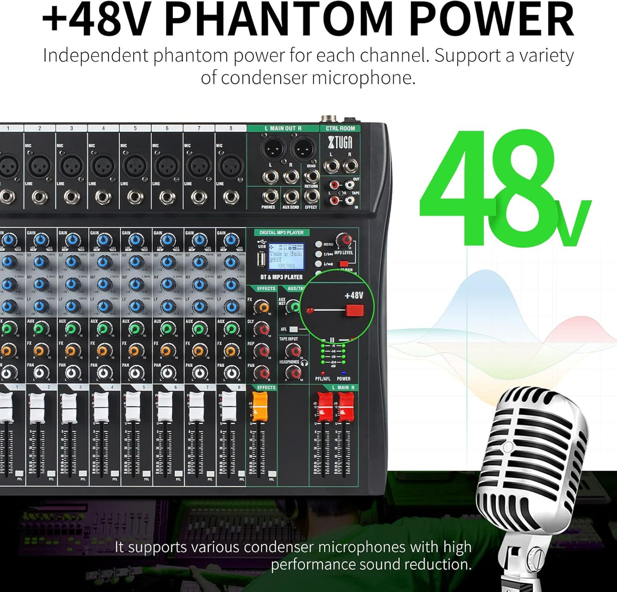 XTUGA 8 Channel Audio Mixer Sound Board Mixing Console, Audio Interface PC USB Bluetooth with 48V Phantom Digital Effect for DJ Live Recording Studio Karaoke(CT80)