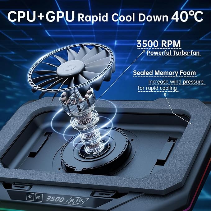 Cooling Pad for Msi GT Series GT72 Dominator Gaming Laptop Cooler with Powerful Turbo Cooling Fan Can Fast Cooling CPU+GPU 40°CVariable Speed6 RGB Light 3 USB-A