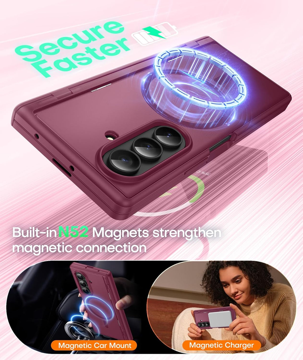 BERFY Magnetic for Samsung Galaxy Z Fold 7 Case with Privacy Screen Protector, [Compatible with MagSafe][Anti Spy] Built-in Hidden Kickstand, Full-Body Shockproof Slim Phone Case for Z Fold 7, Red