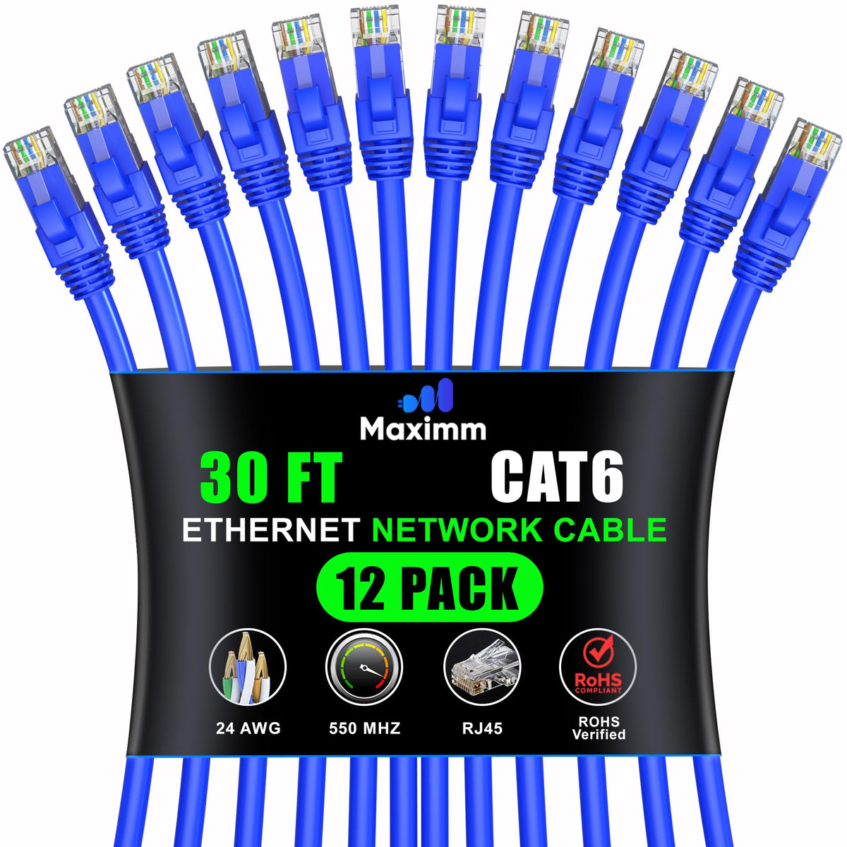 Maximm Cat 6 Ethernet Cable 30 Ft, (12-Pack) LAN, Internet, Patch and Network Cable - UTP (Blue) 30 Feet (C6C-30BL12PK)