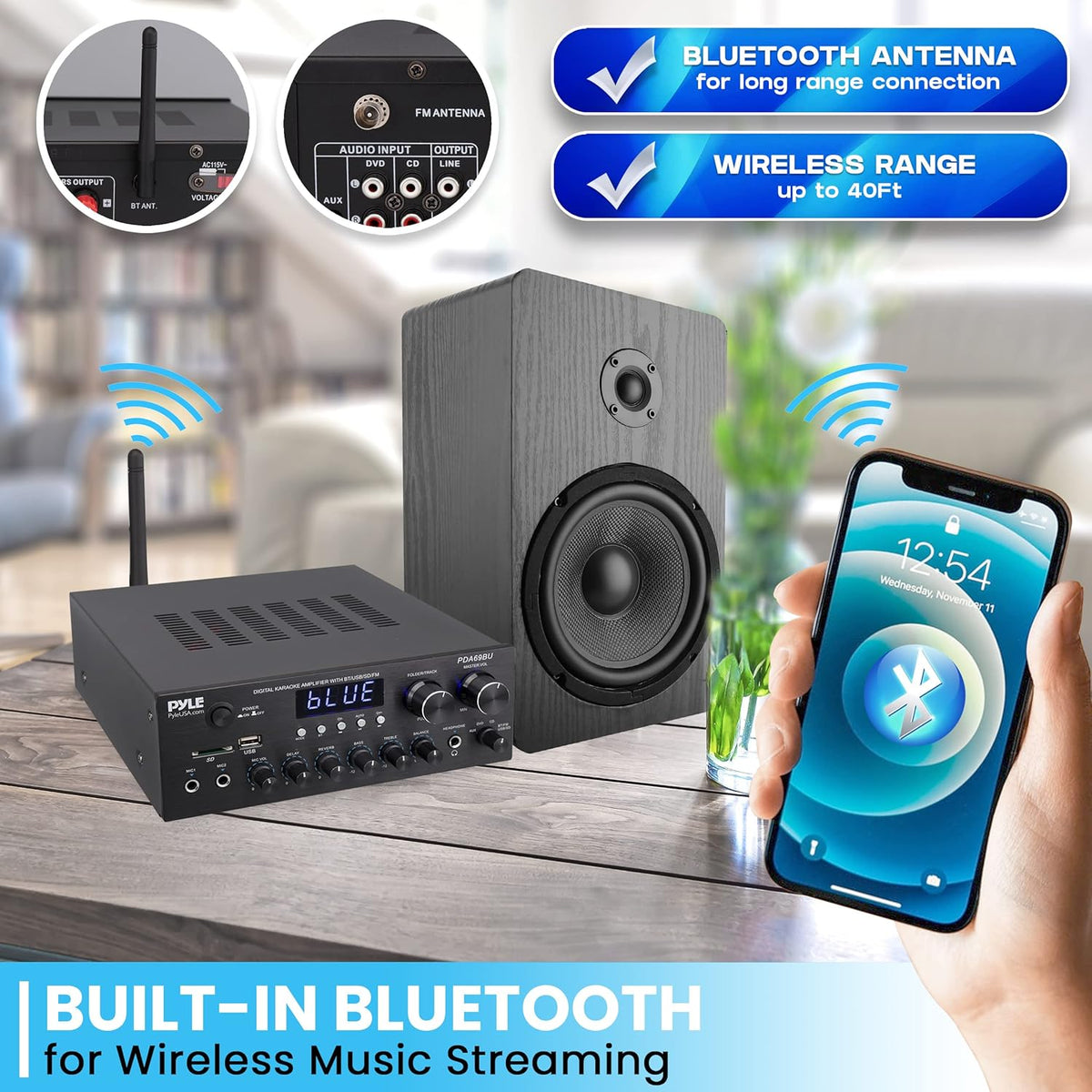 Pyle Stereo Amplifier Audio Receiver with Remote Control - Bluetooth Streaming, MP3/USB/SD/FM Radio, 2.0 Channel HiFi Sound System with RCA/Aux Inputs, Microphone & Headphone Jacks, Adjustable Bass