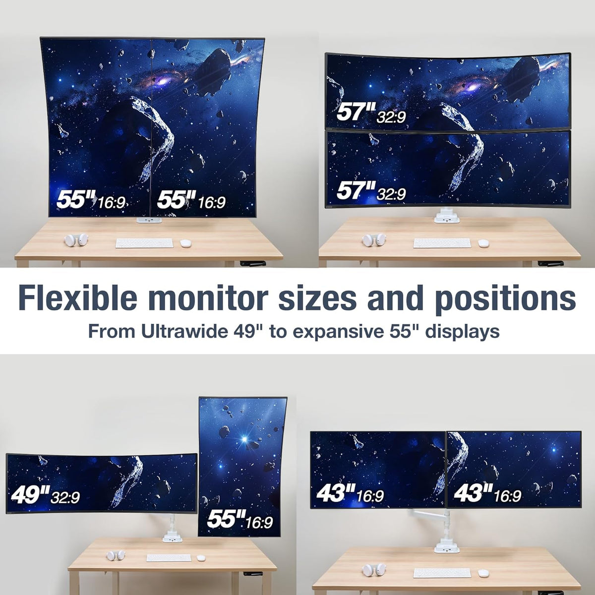 AVLT Dual 57 Inch Heavy Duty Stacking Monitor Arm Pole Top Mount With USB-C USB-A Ports-White, Height Adjustable, Easy Install Top C-Clamp/Grommet With Reinforcement Plates, VESA Compatible 200/100/75