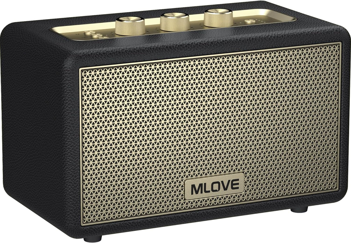 MLOVE A200 Portable Retro Bluetooth Speaker with Aux Input, USB Port, Micro SD Card Slot - Decorative Wireless Bookshelf Speakers Battery Powered, House Warming Gifts for New Home, Black and Gold