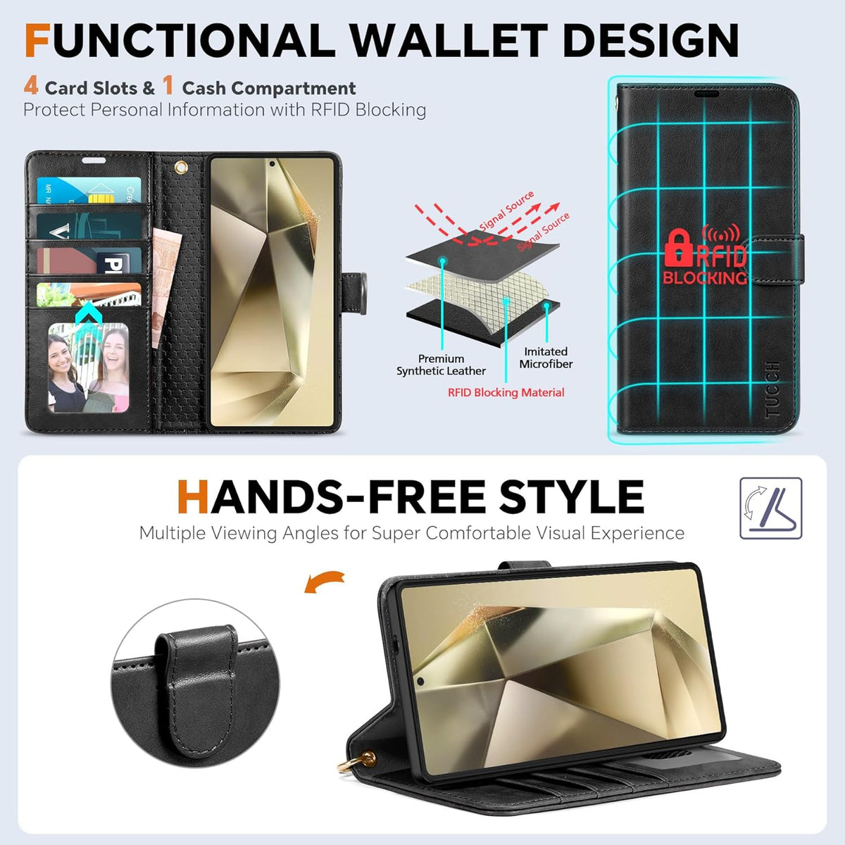 TUCCH Wallet Case for Galaxy S25 Ultra, Removable RFID Blocking [4 Card Slots] Wrist Strap Wireless Charging Kickstand PU Leather Magnetic Detachable Protective Cover for Galaxy S25 Ultra 6.9", Black