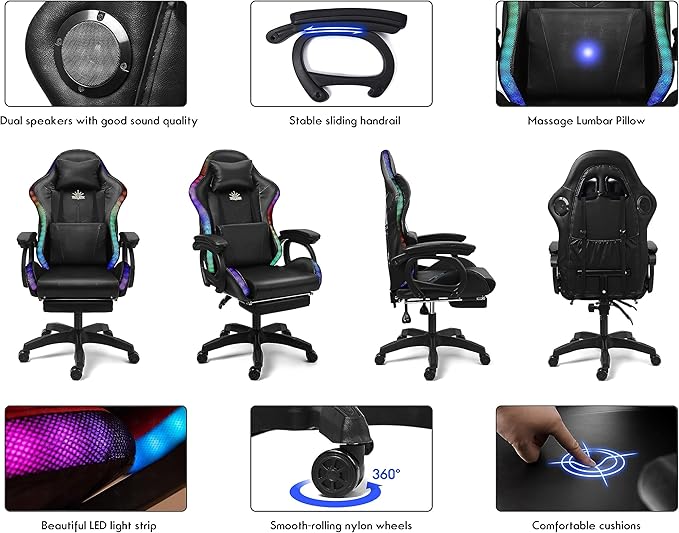 Massage Gaming Chair with Speakers and LED Light Ergonomic Computer Gaming Chair with Footrest and Adjustable Lumbar Support PU Leather 90°-135° Racing Video Gaming Chair.White