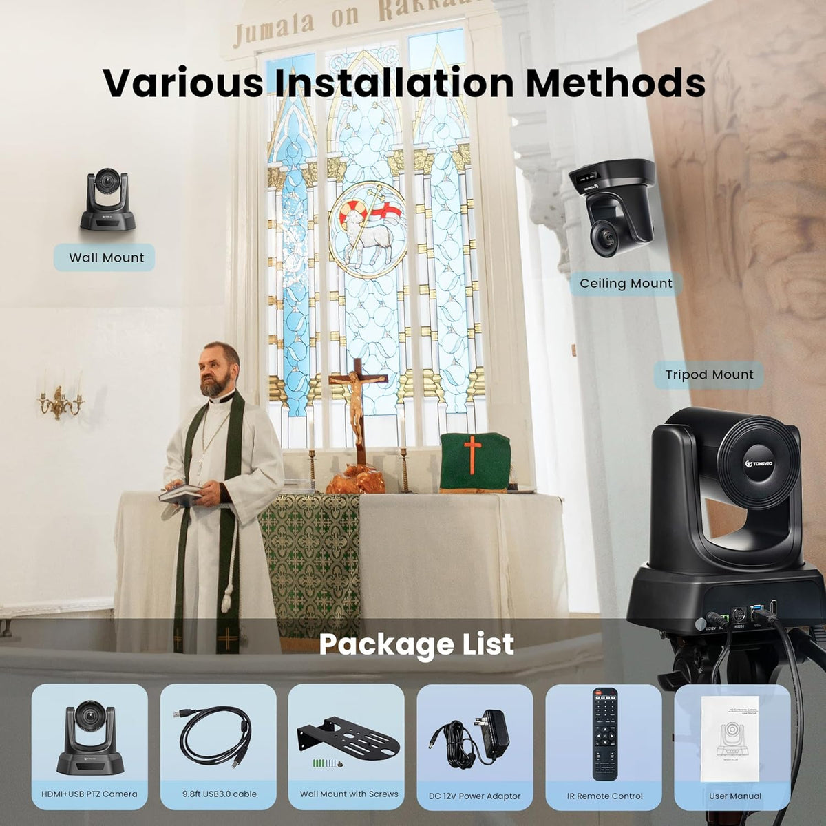 PTZ Camera HDMI/USB 10X Optical Zoom 60fps 1080P Video Conference Camera for Church Worship Live Streaming Meeting Online Learn with Zoom YouTube OBS and More