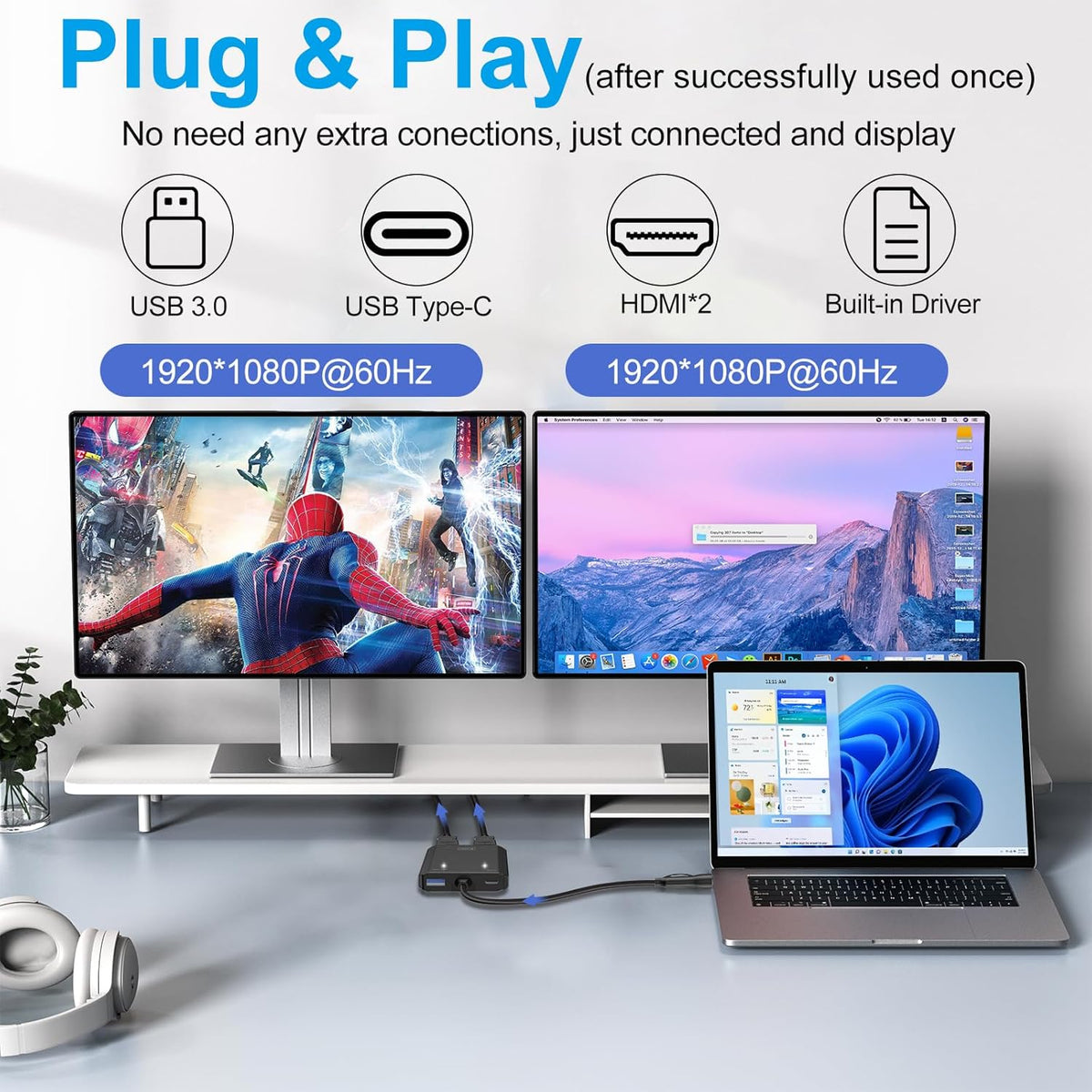 Herfair [1080P 3.0 1 2 11/10/8/7 USB to HDMI Adapter Full HD] HDMI Splitter for Dual Monitors USB to Extended Display