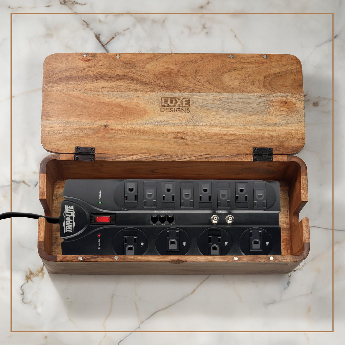 Large Cable Management Box - Acacia Wood - Cable Organizer Box and Power Strip Box for Electrical Cord Management - Hide Desk Cord and Floor Cables - Wire Storage and Organization for Cords