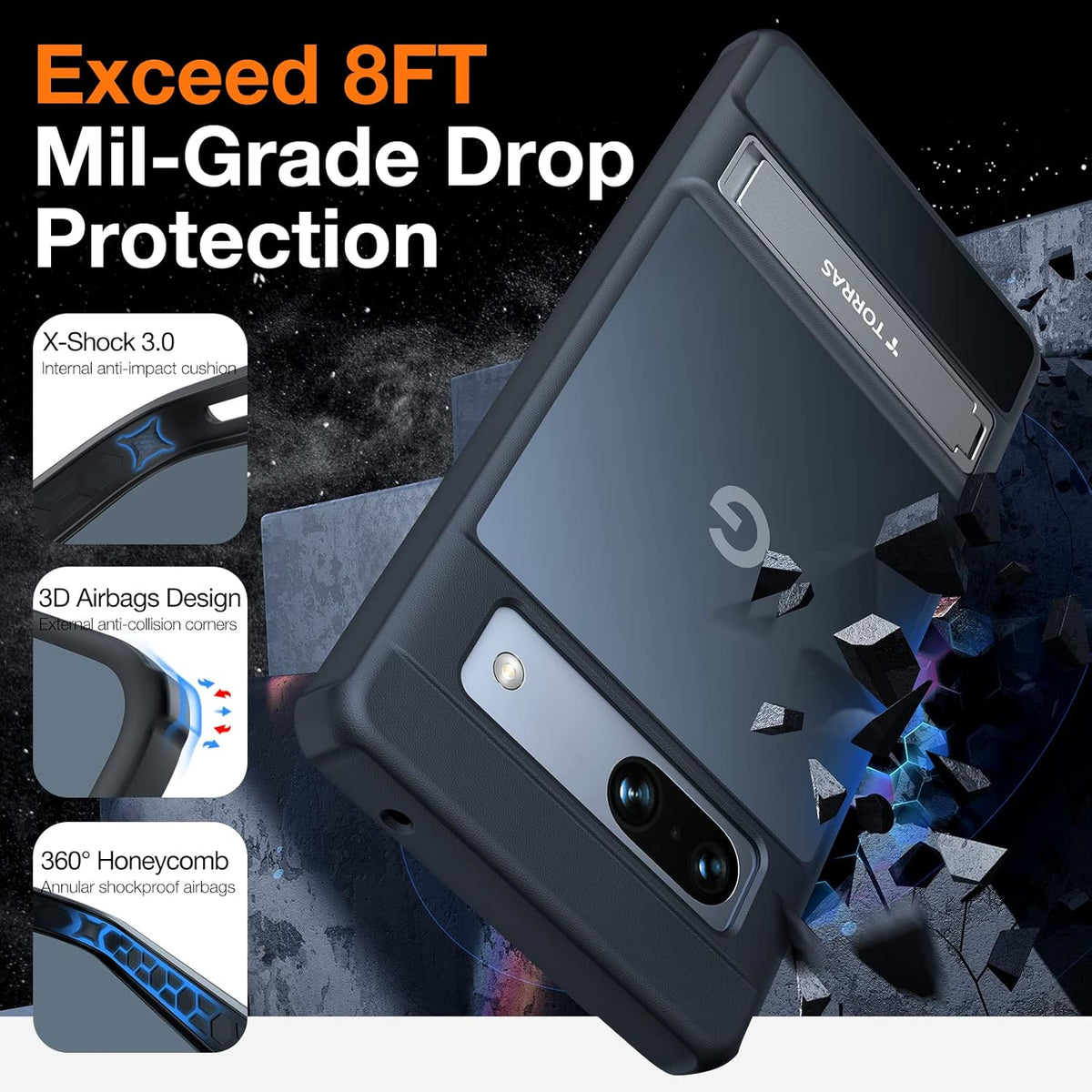 TORRAS Marsclimber for Google Pixel 7a Case [8FT Military-Grade Protection] [3 Stand Ways] with Firm Kickstand Comfortable and Non-Slip Gripping for Google Pixel 7a Phone Case Slim 5G 6.1 inch, Black