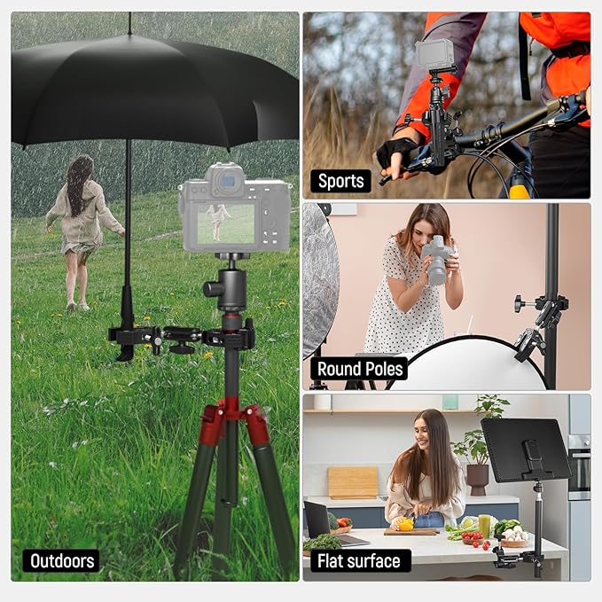NEEWER Double Super Clamp with Magic Arm, Cleaning Cloth, Umbrella Camera Pole Clamp Mount for Desk Photo Studio Light Stand, Reflector, Scrim, Cross Bar, Motorcycle, Photography Accessories, UA036