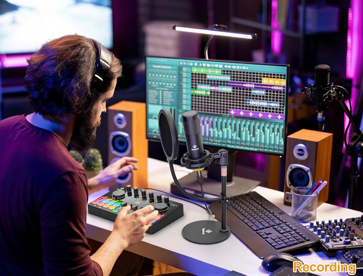 Podcast Equipment Bundle All-in-One with Dual XLR-3.5 Condenser Micophone with Mic Pop Filter Audio Equipment for Live Streaming/Recording, Online Gaming for Phone/Laptop/PC Audio Interface M100
