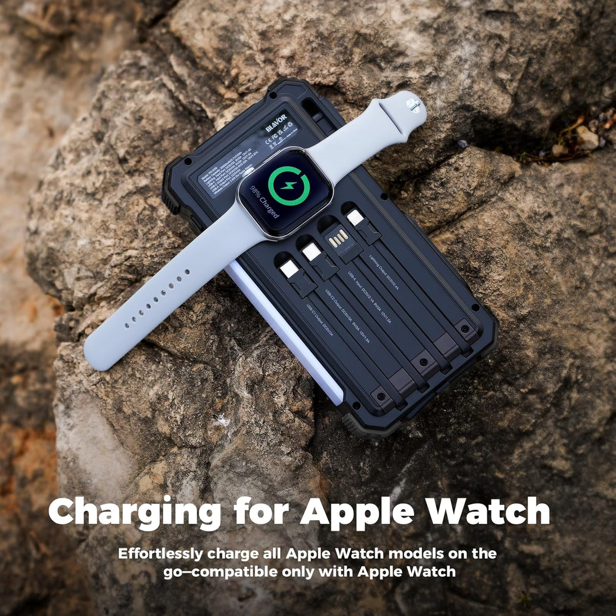 BLAVOR Solar Power Bank 20000mAh/74000mWh Built-in Cables, Wireless Charger for Apple Watch, 20W Fast Charging Battery Pack with USB C, Flashlight, Solar Charger for iPhone, iPad, iWatch, Samsung