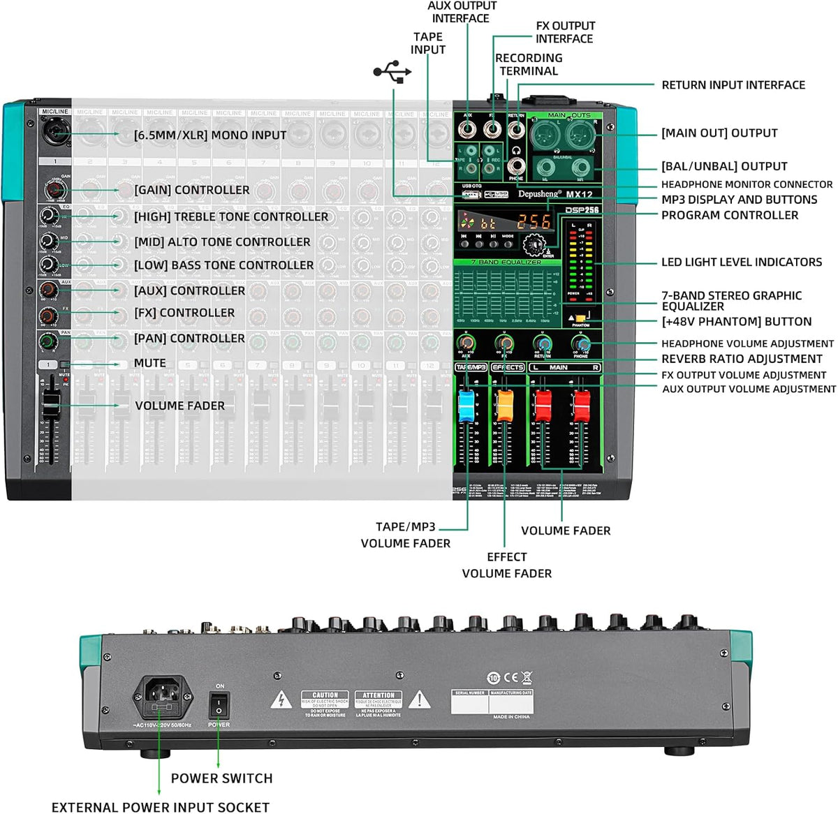 Depusheng MX12 12 Channel Sound Mixer Audio Mixing Console 48V 256DSP Professional USB PC Play Record Podcast Live Broadcast (US MX12)