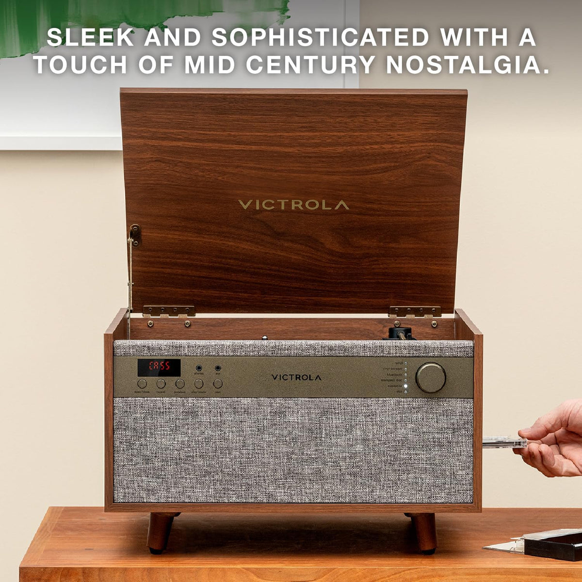 Victrola Century 6-in-1 Vinyl Record Player & Music Center – 3-Speed Turntable, CD & Cassette Player, VINYLSTREAM, Bluetooth & 3.5mm Aux, Record Player with Speakers, Mid Century Design (Black)