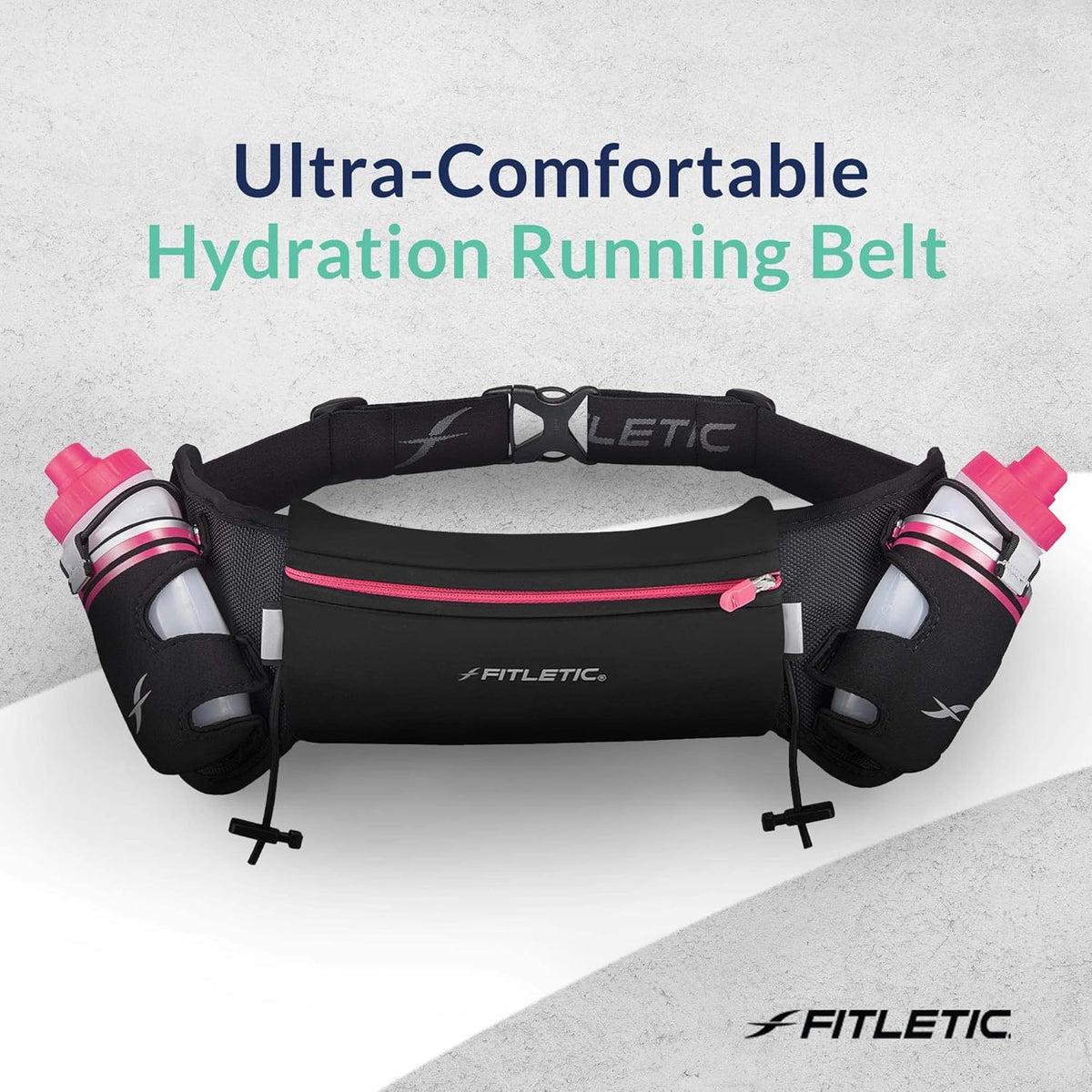 Fitletic Hydration Running Belt with Water Bottles for Men & Women – 2 Quick Flow 8oz Running Water Bottles, Patented Bounce Free Design, Water Resistant Pouch Fits All Phones – Hydra 16