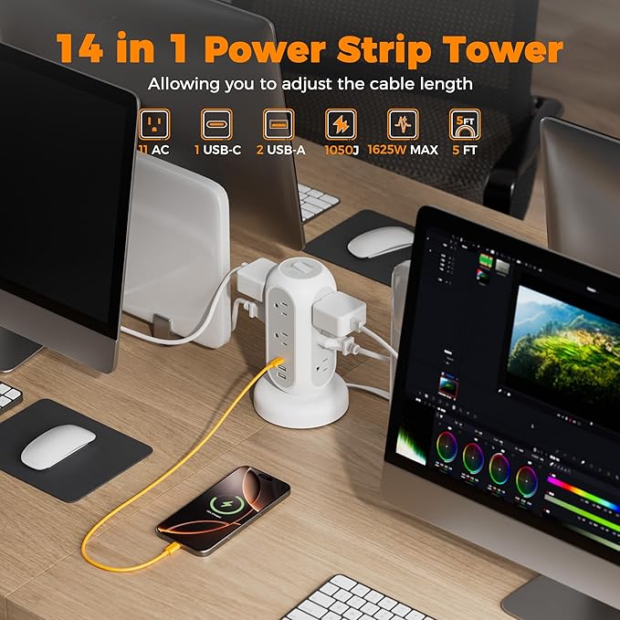 TESSAN Tower Power Strip Flat Plug with 1050J Surge Protection, 5 Ft, Black