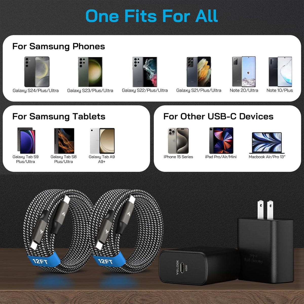 45W Super Fast Charger USB C, 45 Watt Type-C Android Phone Charger Fast Charging Block with 12FT Type C Cords for Samsung Galaxy S25 Ultra/S24 Ultra/S24+/S23 Ultra/S23+/S22 Plus/S20, Tab S9/S8 Ultra