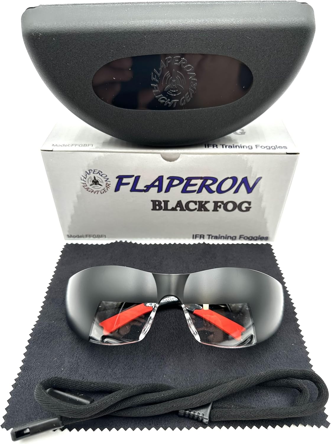 Flaperon Black Fog Foggles for Pilot Training, Adjustable Band, Embossed Hard Case. IFR and VFR training foggles. Durable polycarbonate lenses. Rubberized Tips.
