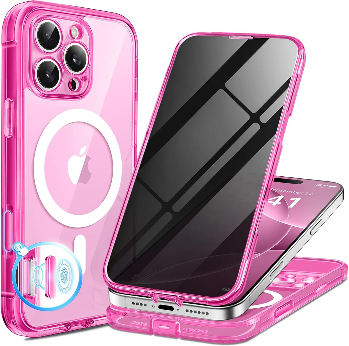 BERFY Magnetic for iPhone 16 Pro Case, Compatible with MagSafe, Built-in Privacy Screen Protector and Upgraded Camera Protection, Anti-Spy Full Body Shockproof Phone Case for 16 Pro 6.3", Bright Pink