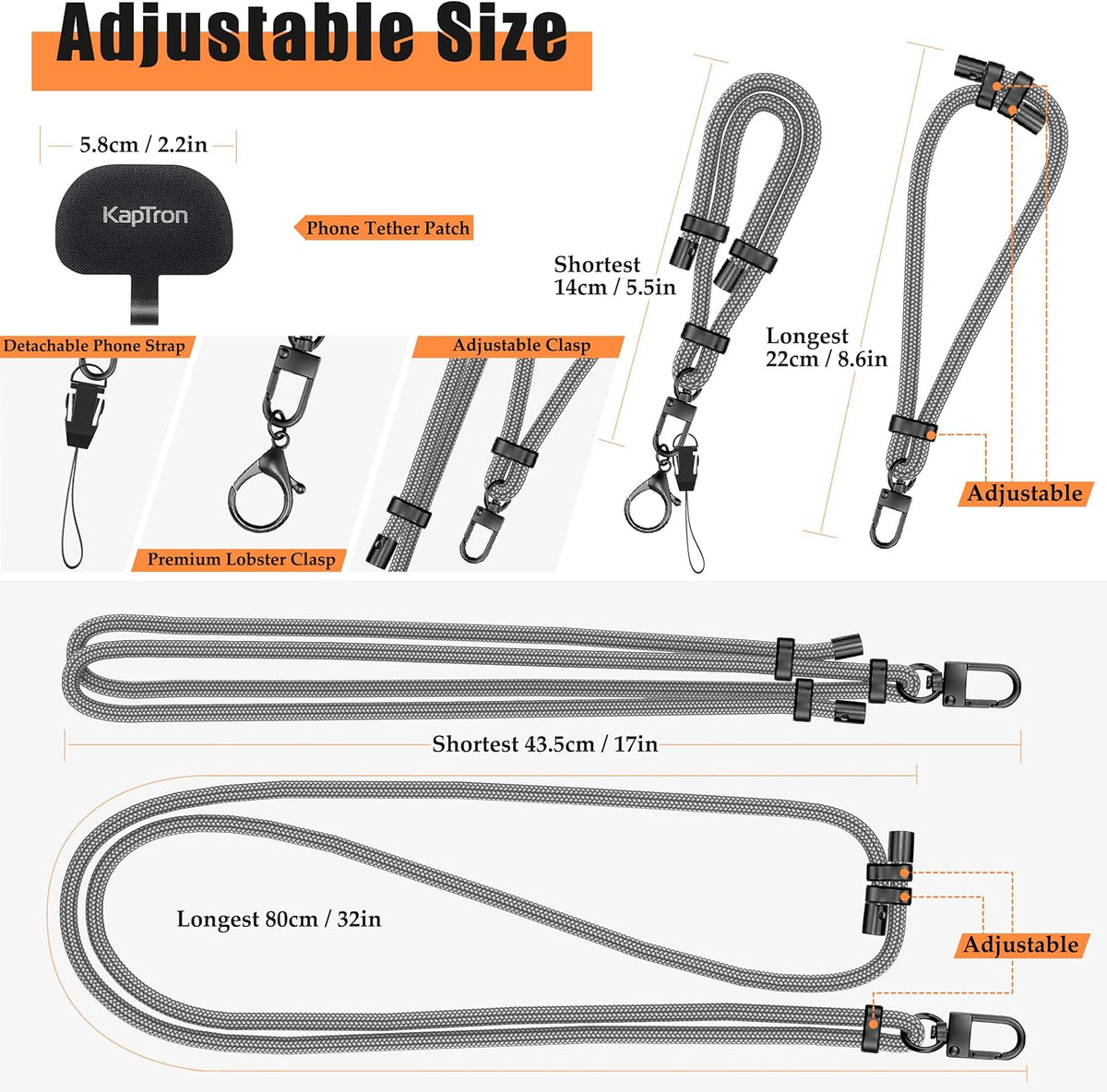 Kaptron Universal Phone Lanyard with Wrist Strap, Adjustable Crossbody Cell Phone Lanyard Neck Strap and Wristlet Strap with 2 Lobster Clips, Phone Tether Patches and Phone Straps (Gray, 2 Pack)