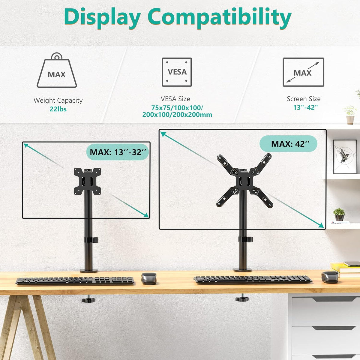 WALI Single Monitor Mount for 1 Computer Screen up to 42 inch, Fully Adjustable Monitor Arm Holds up to 22 lbs, Mounting Holes up to 200x200mm (M001SXL), Black