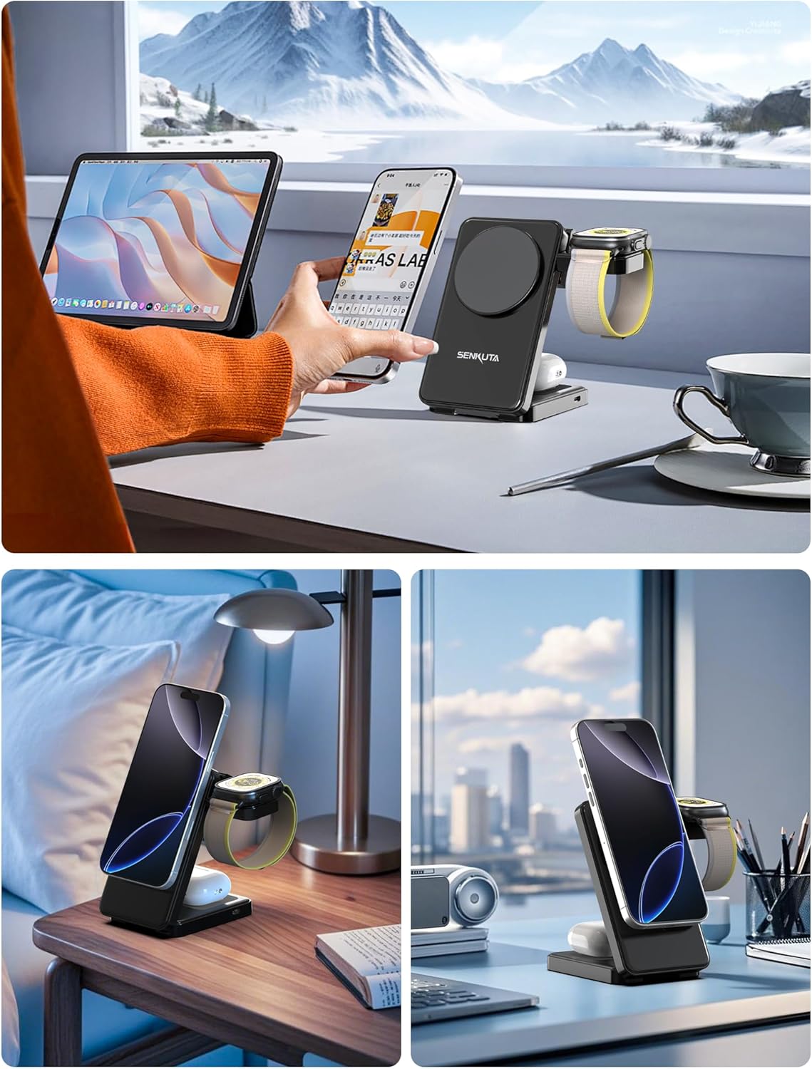Wireless Charger Charging Station for Apple: 3 in 1 Wireless Charger Multiple Devices for iPhone 16/15/14/13/12 - Fast Travel Charger Stand for Apple iWatch Ultra 5/4/3 AirPods Pro 4/3/2(18W Adapter)