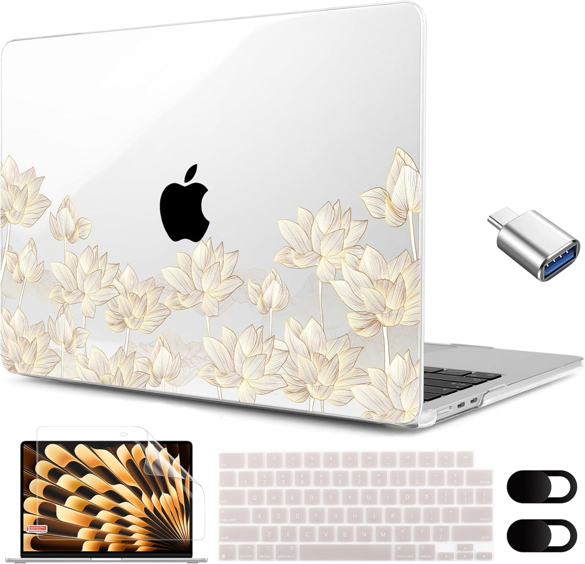 MEEgoodo for M4/M3/M2 MacBook Air 15.3 inch Case 2025 2024 2023, Case Fit Model (A3241/A3114/A2941) for MacBook Air 15 inch, Laptop Hard Shell with Keyboard Cover, Golden Lotus